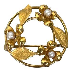 Vintage 12K Gold Filled Pearl Leaf Cluster Wreath Brooch C.R. Co Flowers Floral
